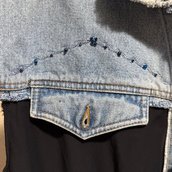 Sleeveless denim & black chiffon long sequin jacket duster high low custom flowy - Picture 9 of 14